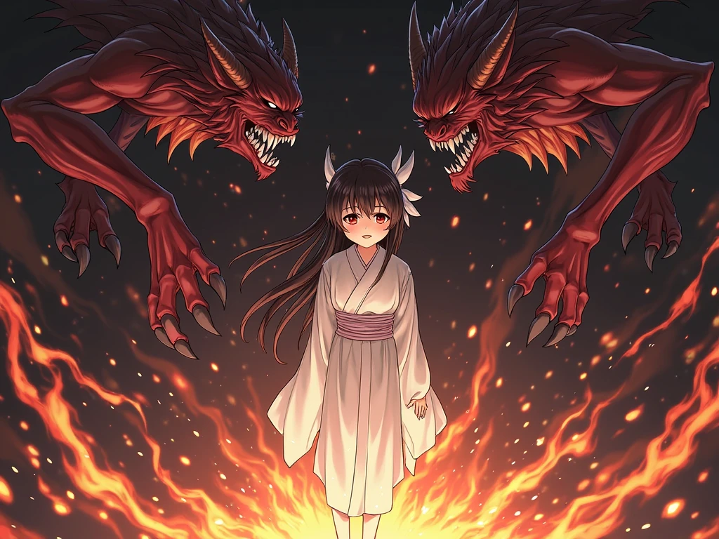 Anime girl in white dress surrounded by three demonic creatures with red eyes and sharp teeth in a dark place