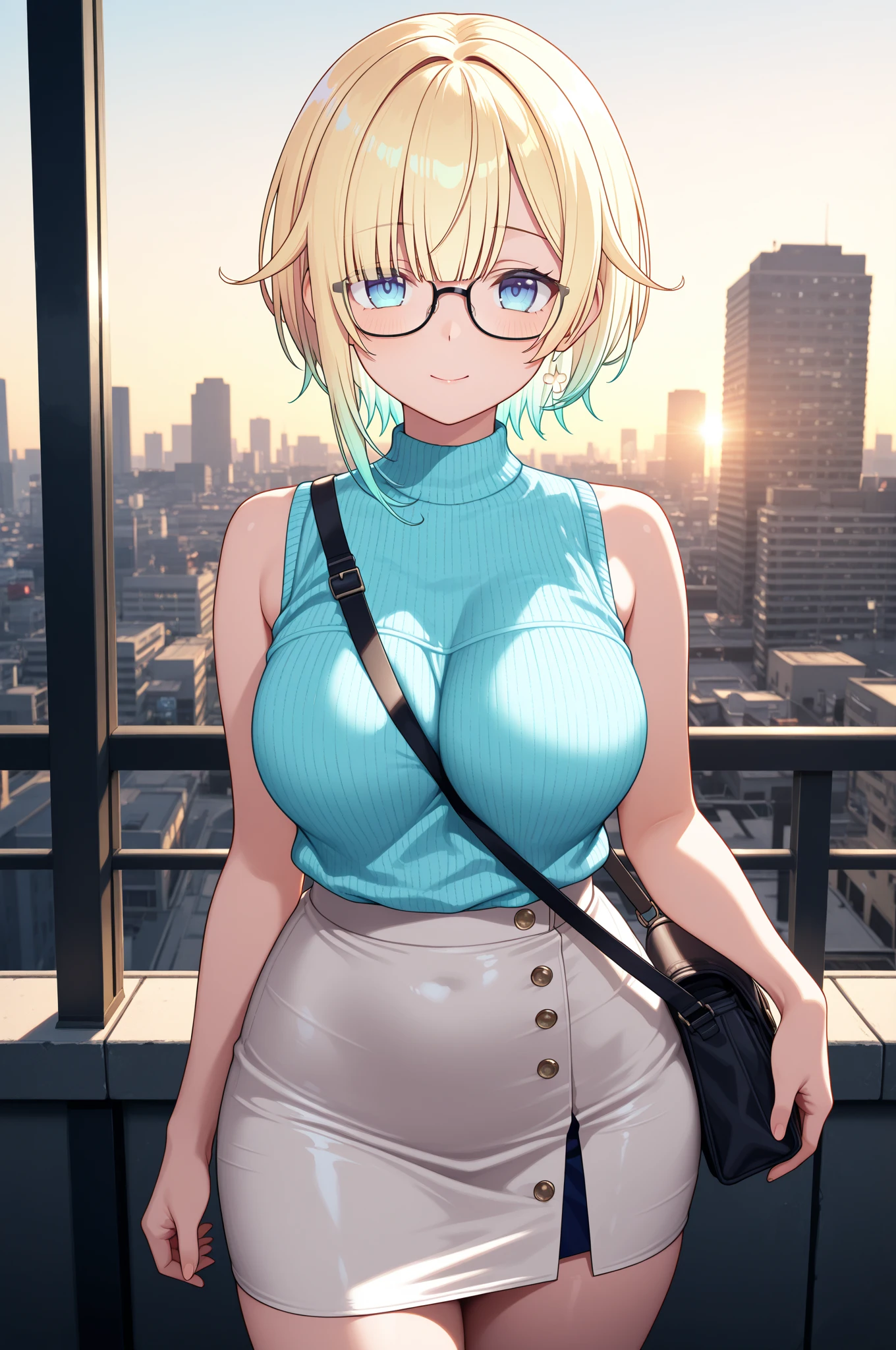 A mature woman, with a stunning figure and a plump physique, stands confidently in a super shiny metallic navy blue school swimsuit that reflects light and sparkles. She resembles a Korean idol with her blonde hair and bangs, styled in a short bob. Her cheeks turn red from embarrassment, adding a cute touch to her gorgeous face, accentuated by her glasses. The scene takes place on a skyscraper rooftop, offering a breathtaking night view with a big moon shining down on the city. The woman appears sweaty, with lots of sweat dripping down her body, giving off a tropical night vibe. Her wet and shiny skin enhances her allure, exuding a strong and mature presence. With a shy and sexy face, adorned with stunning makeup and striking