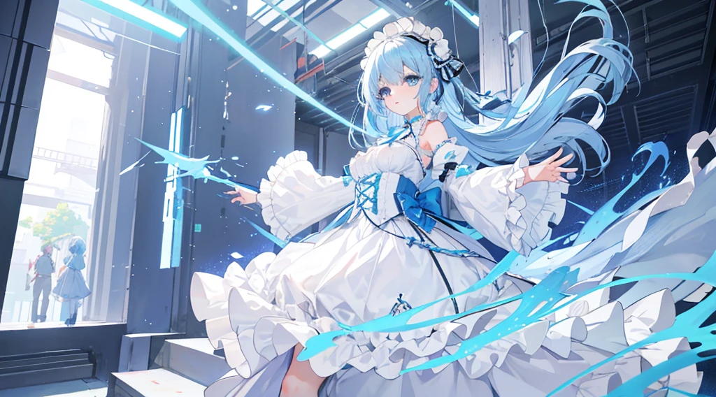 mejor calidad，tmasterpiece，ultimate resolution，Suave，extremadamente colorido，De color，Princesa sirena，(white Vestido Lolita:1.4)，Medias de tirantes negras，Starrysky Android!,More detailed 8K.motor irreal:1.4,UHD,La mejor calidad:1.4, fotorrealista:1.4, textura de la piel:1.4, obra maestra:1.8,obra-prima, mejor calidad,objeto Objeto], (detailed face features:1.3),(Laboratorio Robotizado azul:1.4),(cabello rosado largo:1.4),（Beautiful and detailed eye description）,(manos:1.4),(mostrando su panties white:1.4)