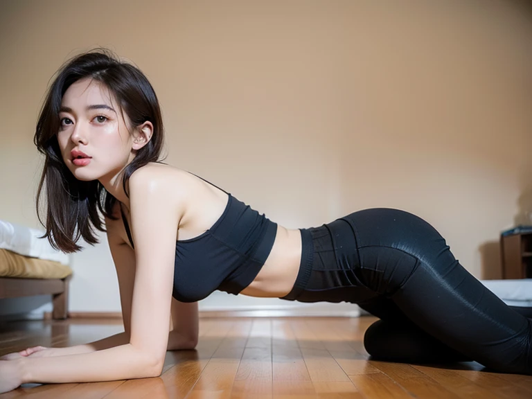 top-quality、in a 4k、masterpiece:1.3、Beautuful Women、1 female、breastsout、Attractive body:1.2、abdominals:1.1、dark brown hair:1.1、(Sweating:1.2)、Ultra-detailed face、Detailed lips、A detailed eye、二重まぶた、short-cut、yogastudio、Sportsbra、((leggins))、((Lying on the yoga mat)、Full body、wide Shots。