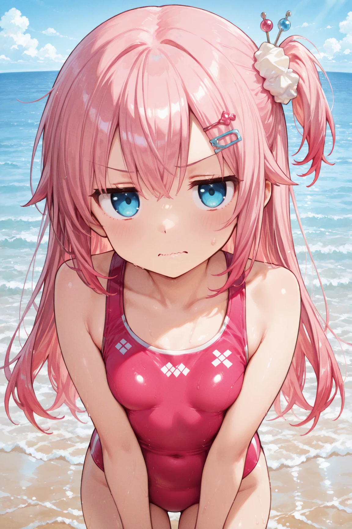 4K,8k,High resolution,Pink Swimsuit、
A pretty young woman,Pink Hair、ponytail、Pink Swimsuit、
(Soft Saturation:1.3), (Fair skin:1.2),
(ultra-Detailed Background, Detailed Background), Bokeh,
break&#39;Smiling portrait.,
When viewed from the front, The composition is symmetrical,
Looking straight at you with serious eyes,
break Swimwear, White Bikini, Center of chest, 
Outdoor, Sea surface, null, sunlight,Summer beach, Sandy Beach,
Strong light, Front lighting, 
(Teen:1.3), (Cowboy Shot:1.2),
Front brake angle,
View your audience,
Dynamic pose,
sitting on the beach
Wakame seaweed、Wakame seaweed、
Seaweed、Seaweed、Seaweed、Seaweed、Seaweed、Seaweed、Seaweed、