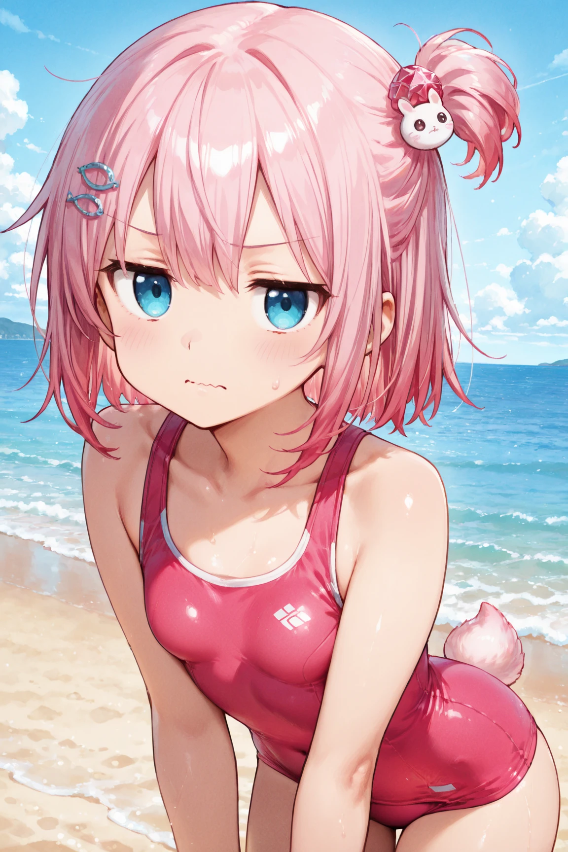 girl, young, blue eyes, looking at you, small breasts, clear pink hair, detailed face, detailed eyes, detailed body, perfect lighting, perfect shadows, perfect eyes, perfect hair, perfect face, gorgeous body, detailed hands, glistering body, shiny body, spectacular effect, ((pink sports bra)), beach, clear sky, sexy pose, cum covered, orgasm face, orgasm, ((pink cotton panties)), all fours, back view, anal sex