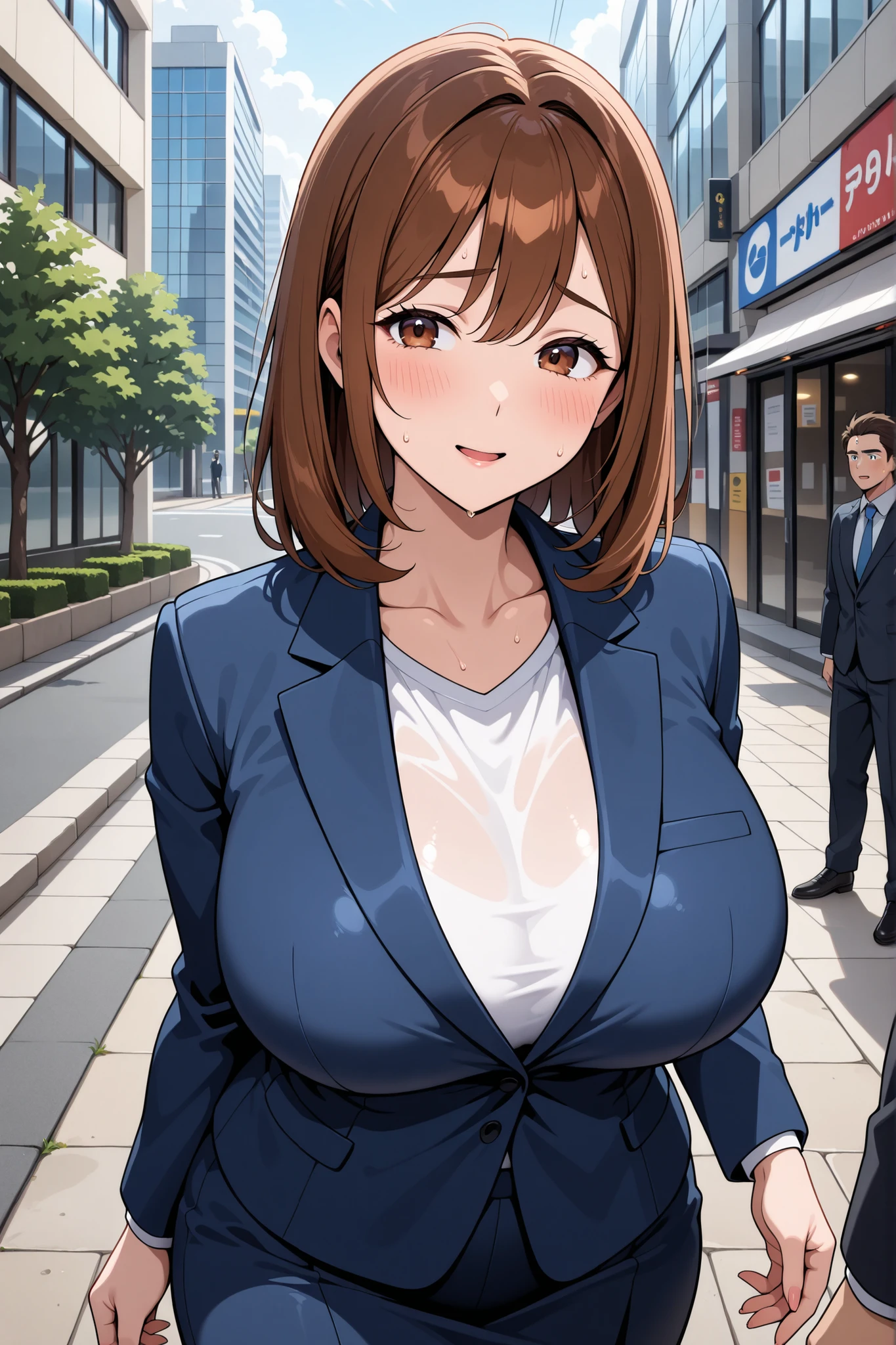 Highest quality,Ultra-high quality,Scale up,breast enhancement,woman,Mature Woman,Age 42,Formal wear,A shirt that hides the chest,Light pink lip,Earrings,necklace,Brown eyes,Bob Hair,Dark brown hair,Big Tits,Above the ground,Are standing,storehouse