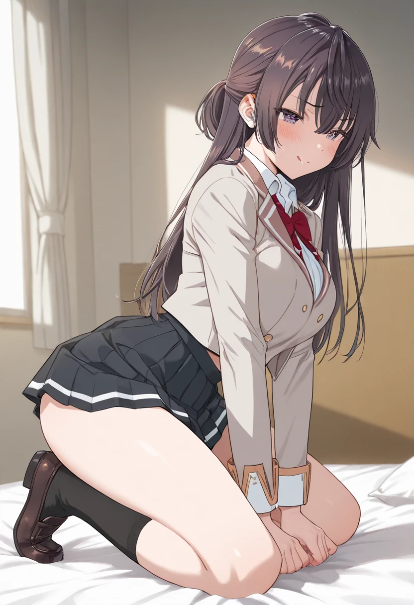 nsfw,suzune horikita,toilet,A full-body shot of a person sitting in the toilet,front,from the front,uniform,Red blazer,Hair ribbon, black knee-high socks,pull down pantie,(looking away)