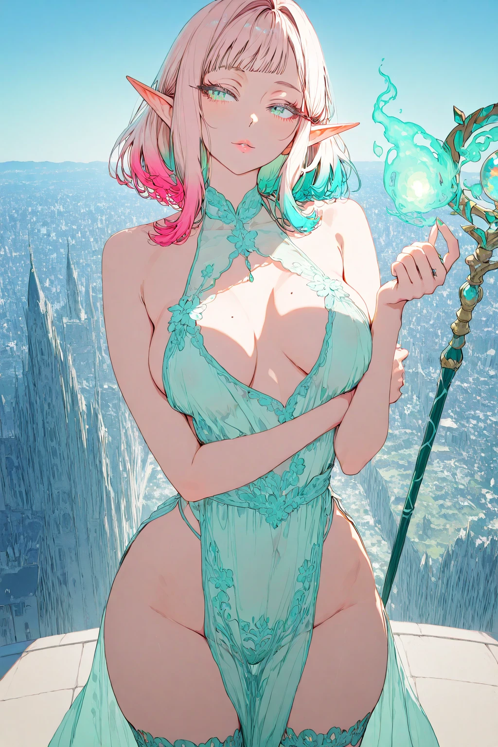 {Celestial hues, lofi, shiny aura, cute, pink hair, ((green eyes)), big pretty realistic eyes, ((cat girl), (huge breasts), (cleavage), sexy, submissive, highly detailed, holographic glowing motifs, geometric, perfect composition , beautiful, perfect eyes,  full lips, 96k, best quality, full shot ))) (masterpiece, top quality, best quality, official art, beautiful and aesthetic:1.2), (1girl:1.3), extremely detailed,(fractal art:1.1),(colorful:1.1),highest detailed,(zentangle:1.2), (dynamic pose), (abstract background:1.5), (gradient bodysuit:1.2), (shiny skin), (gold metallic:1.4), arms behind back, ((underboob)), sexy expression, submissive, blushing, 
