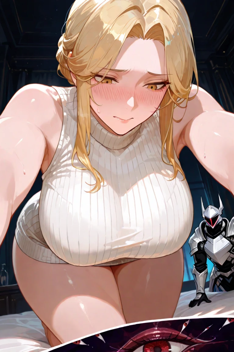 anime, elven adventurer, big breasts, thick thighs, nice hips, skimpy leather armor, bow, blonde hair, bedroom, spoken ?, hands on stomach, ikuchan, x-ray of an (unborn child in uterus),