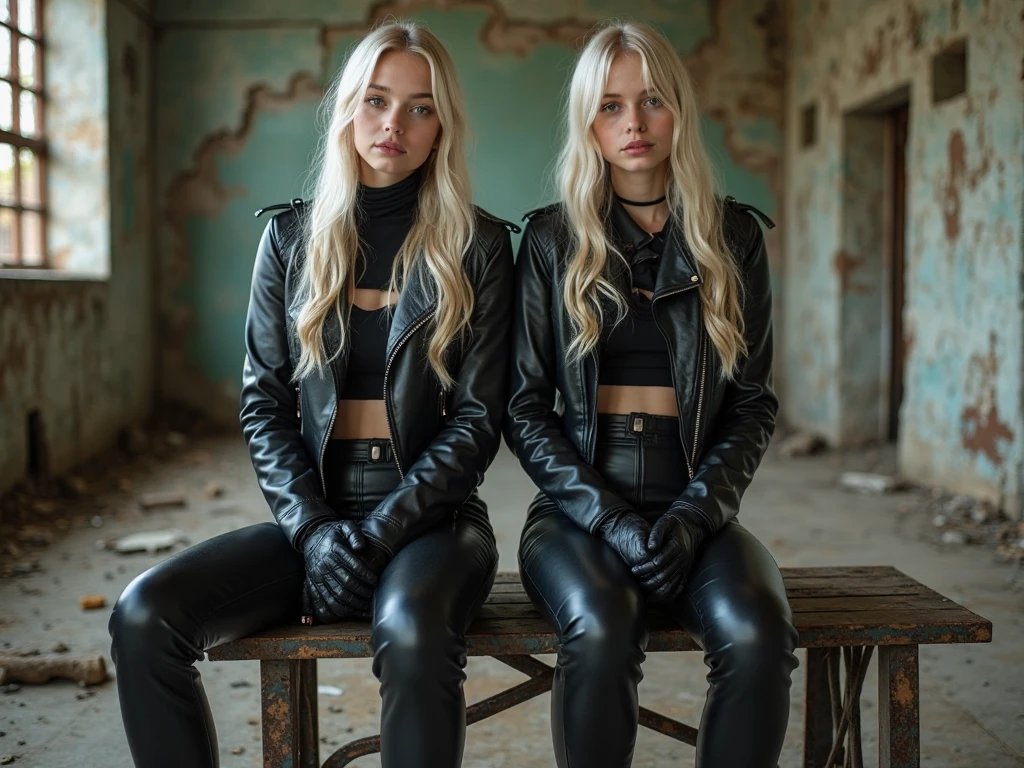 Old russian milf, platinum blonde hair in ponytail ,with very light blue eyes, pale, smeared heavy makeup. Wearing black moto jacket, cropped rock t-shirt, black leather jeans and white tennis sneakers. Sad face, crying