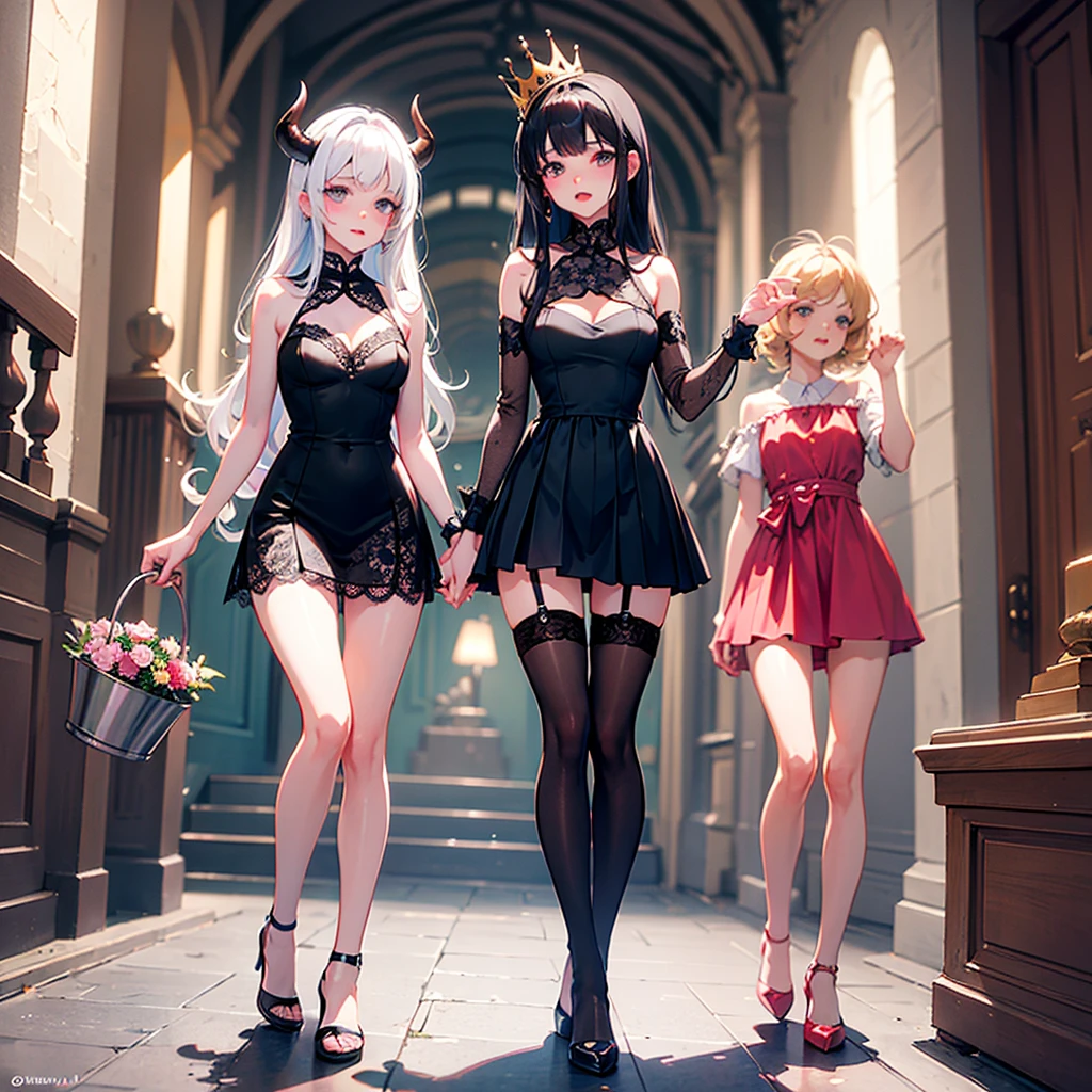 (msterpiece:1.3), (8k, RAW photo, best quality: 1.4), beautiful face, beautiful hairstyle, beautiful detailed eyes, beautiful skin, absurdres, attractive, ultra high res, highly detailed,NSFW, 3 girls in abandoned underground basement, big breast,facial close up,necklace,arms behind back,evil smile,knife,light long hair, ultra detailed skin,Heavy makeup, flower hairpin, naked,colorful patterned lace dress, dirty ground,on a rock,bondage,dirty rock,half body,kokomidef,