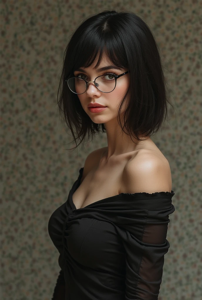 punk girl wearing glasses and a black lace dress, lingerie, see-through, sexy, blurred green grass and trees in the background, short brown hair, detailed face and upper body, high quality, high resolution