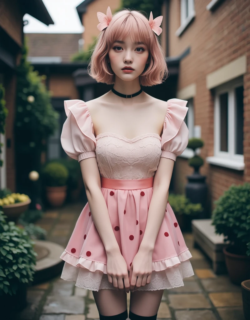 Gorgeous Girl, Beautiful, Baby Face, 20 Years Old, White Skin, Huge Colossal Breasts, Huge Chest, ((muscles:1.3)), Sleeveless, Cleavage, ((Pink Pinafore Dress)), Bunny Headband, Pink Medium Hair, ((adorable:1.1)), ((masterpiece:1.1)), Goth Make Up, Dark Street Outdoor, ((bokeh:1.1)), Pose, Sexy Look, Pink Coloured
