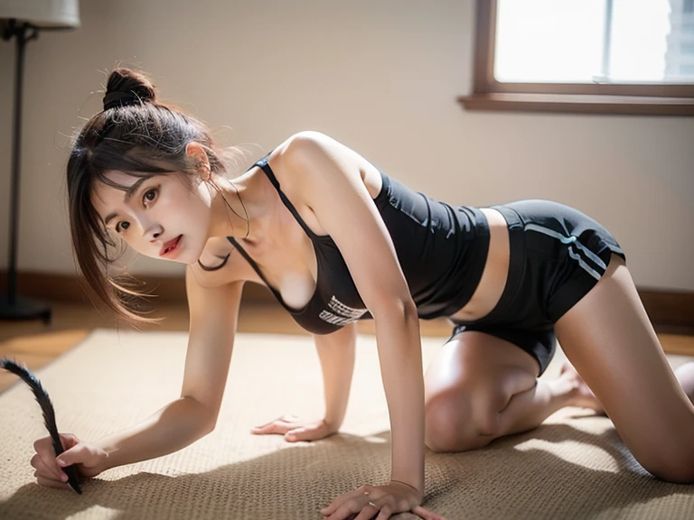 hot summer, school, gym, 1 beautiful girl, small breasts, short hair, sweaty skin:1.2, (Anguished expression, Face enduring pain, half closed eyes, open mouth:1.2) , crawling on all fours, sportswear, highest quality, masterpiece, (realism: 1.4)