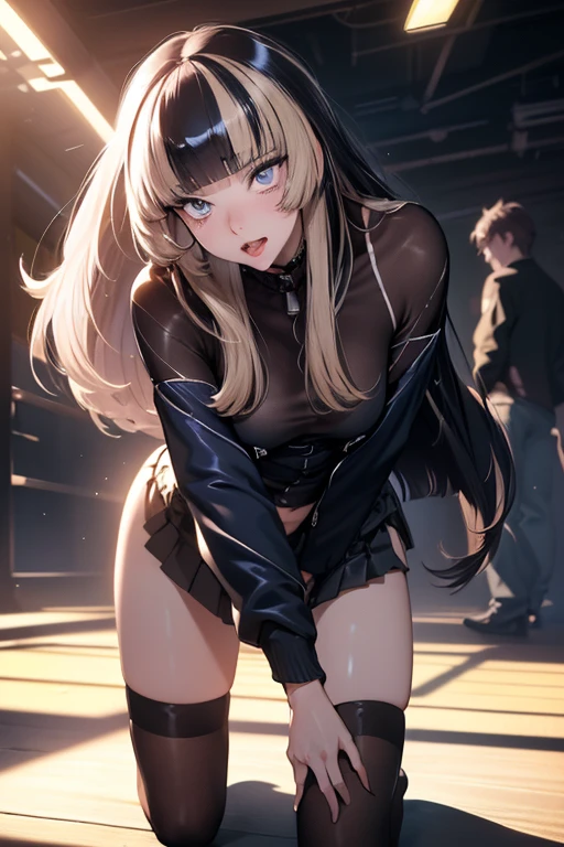 (masterpiece), best quality, expressive eyes, perfect face, {{{{{dildo(insert pussy):1.4}}}}}, solo focus, solo, 1 girl, {{{{{zentai, body tights, bodystocking(fishnet, crotchless, corse mesh, rough stitches, nipples showing through clothes, see through nipple, cover whole body, black)}}}}}, {{{{{masturbation, sex toy, dildo, public female masturbation(female , girl trembling with sexual climax, splash pussy juce):1.4}}}}}, {{{{{posture(squatting, hand on knee, arms down, spread legs, form above, navel frocus, arched back):1.4}}}}}, pussy juce, platinum blonde hair, long hair, platinum blonde public hair, tiara, stage, spotlight, steam, sweat, pussy frocus, half closed eyes(turn back eyes, roll back eyes), nsfw