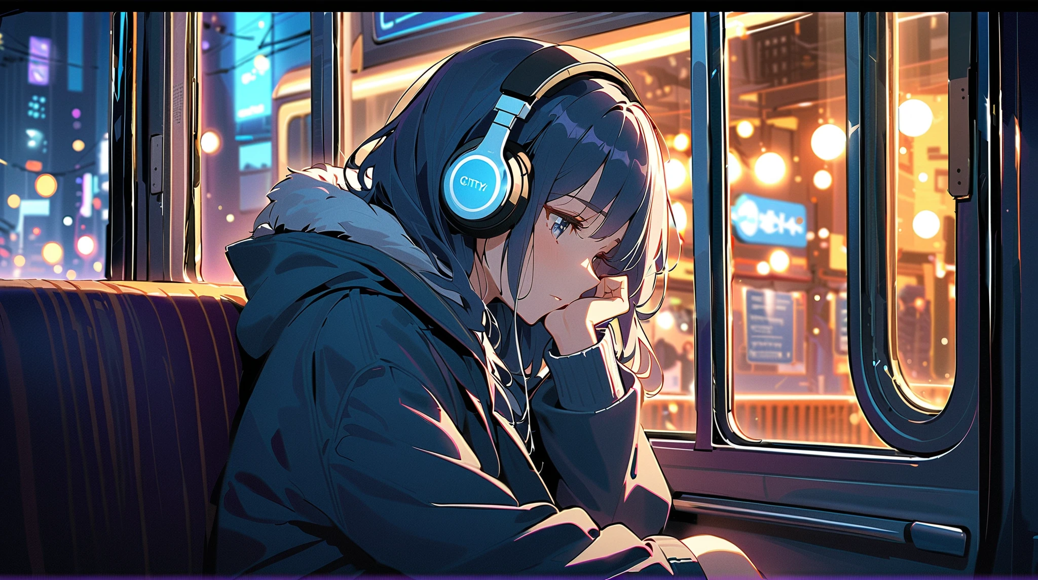 Masterpiece、super high quality、night、駅のホームでtrainを待つ、Holding a cute kitten、Cute girl sitting on a bench、Short Bob、Black Hair、T-Shirts、Shorts、sneakers、I have headphones on、Eyes are purple、Sadness atmosphere、night景、train