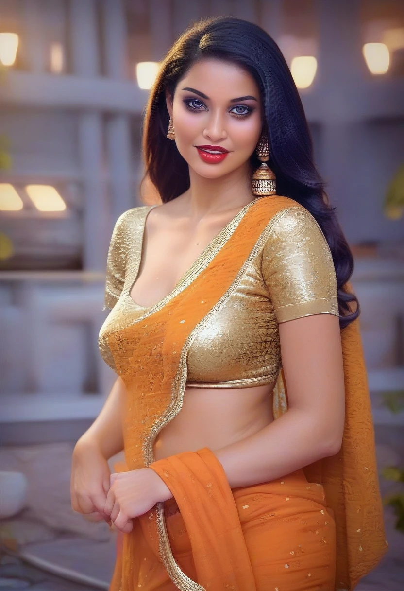 Portrait of A confident-looking indian princess from kamasutra with long flowing hair, hazel eyes, without flowing capes, Cleopatra fabric with laces, c-cup breasts,standing on street with stalls on both side of the street, perfect composition, hyperrealistic, super detailed, 8k, high quality, trending art, trending on artstation, sharp focus, studio photo, intricate details, highly detailed, art by greg rutkowski,unreal 5