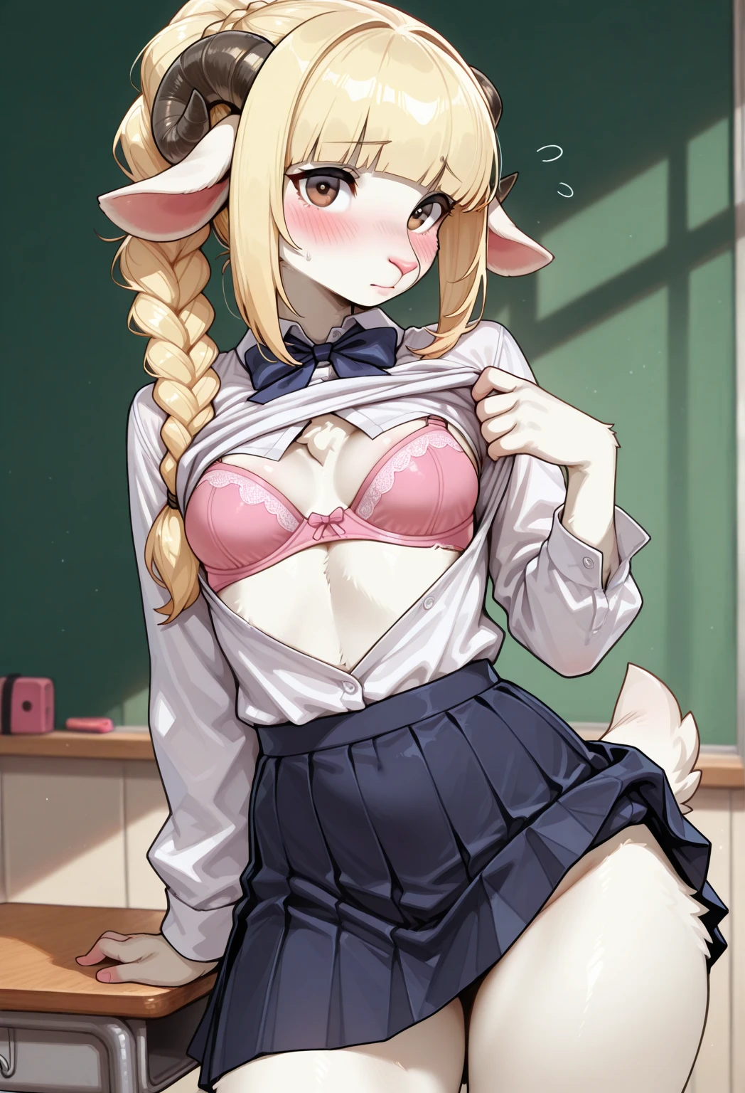 (masterpiece),(((perfect anatomy))),high quality,best quality,8k,super fine illustration,ultra detailed,extremely detailed eyes,extremely detailed body,extremely detailed finger, age of 10, (blonde pigtails:1.2), small breasts, from front, animal ears, white panties, (intricate panties:1.4),  green check skirt, wind, classroom, surprised, blushing cheek, nsfw, wet, 