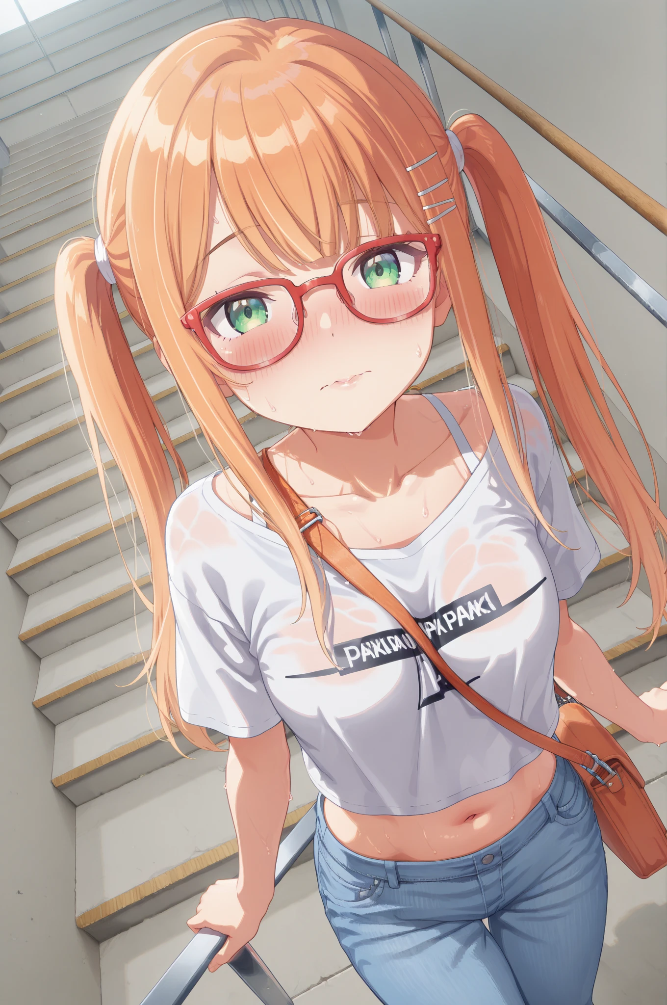  sticking to shirt、Her  are visible through her shirt、Blue flared skirt、Lifting her skirt to reveal her cute blue and white underwear、Long haired girl wearing glasses