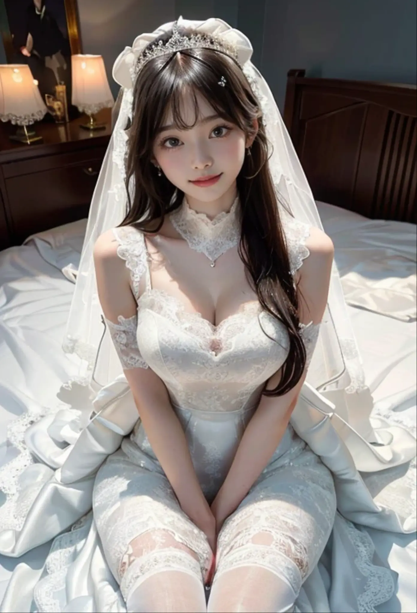 (realistic、Like a photograph、live action、8k, Photoreal, RAW photo, best image quality: 1.4), Single-lens reflex camera、RAW photo, highest quality, realistic, Highly detailed CG Unity 8k wallpaper, Depth of written boundary, cinematic light, Lens flare, ray tracing, realistic background、(Wedding dress:1.5、cleavage:1.37、big breasts、lift:1.2)、((super dense skin))、 1 female,cute japanese woman、japan bride、((completion:1.5)、looking at the viewer:1.1、embarrassed look、random hairstyle:1.2、i like the style、Snazzy、Super detailed、pay attention to details、long hair、hair arrangement、hair is up、perfect bridal dress、(white skin)、beautiful feet:1.1、standing in the garden、great atmosphere、View from the front、beautiful background、Detailed background depiction、detailed portrait