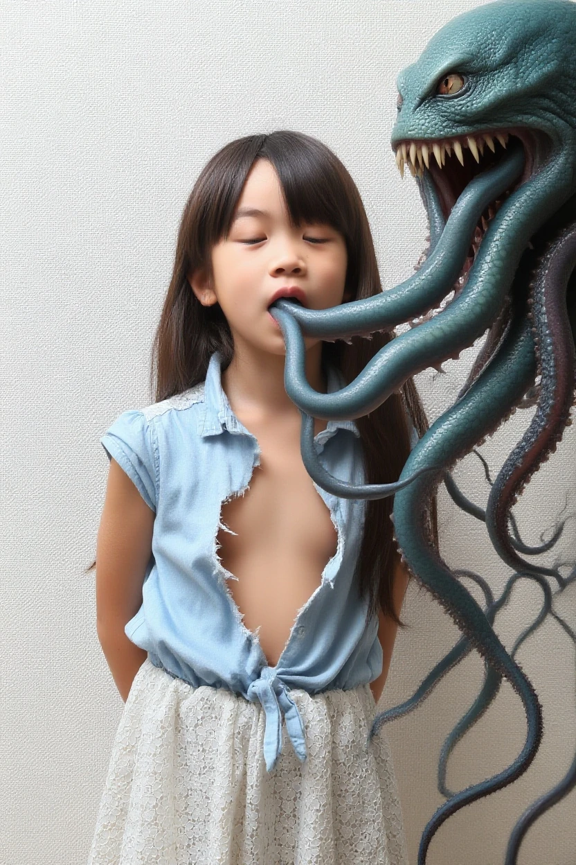 creepy tentacles are (((licking))) Asian school girl (inside creature:1.4) of stinky saliva fluids in fantasy, (stinky dress), wet girl, sitting, ((looking at the viewer)), wet skin, bukkake, anguished, bound by slimy tentacles, bdsm, vine, sitting in a mirror, she is resisting from cum shot, fetish, pussy juice stain, (she is hiding her mouth:1.5) inside creature, slimy ((wet skin)) dripping, (beautiful eyes), dried saliva, ((steaming)), depth of field, 1girl, solo, censored, ((white)) blouse, skirt, school girl, vore, photorealistic, slime, saliva