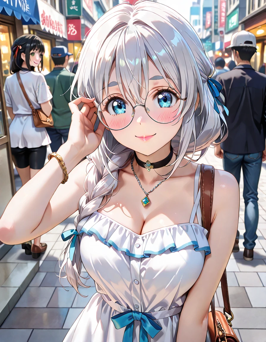 masterpiece, best quality, <lora:beta-nvwls-v1:0.9> beta, white shirt, frills, pencil skirt, cleavage, large breasts, leaning forward, smile, city, ocean, glasses
