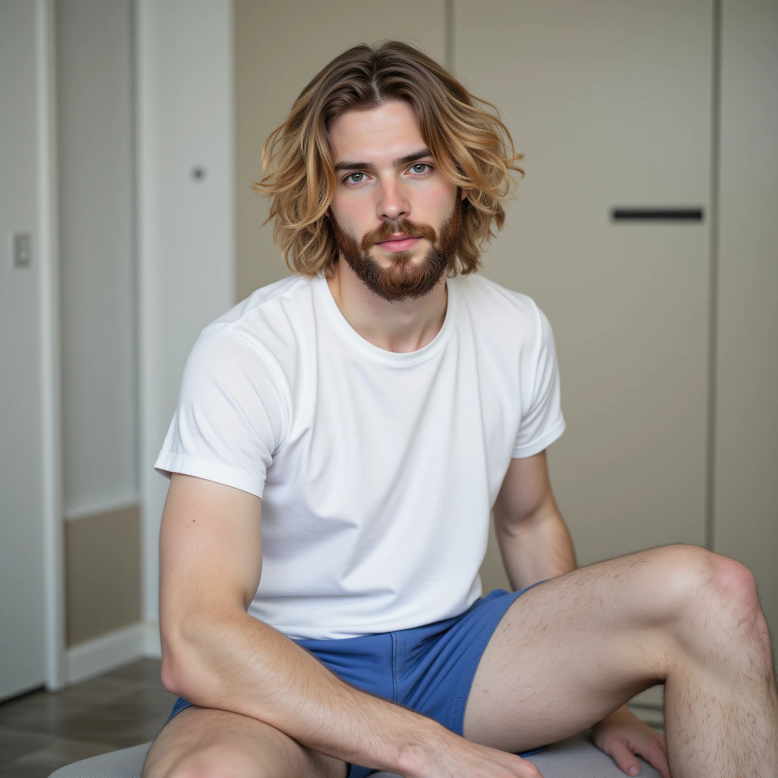 Man, 22 years old, blonde, (green eyes), hairy, sexy pose, sitting in a sofa, handsome, look to the camera, in a studio, detailed image, no shirt, with underwear, uhd, 16k
