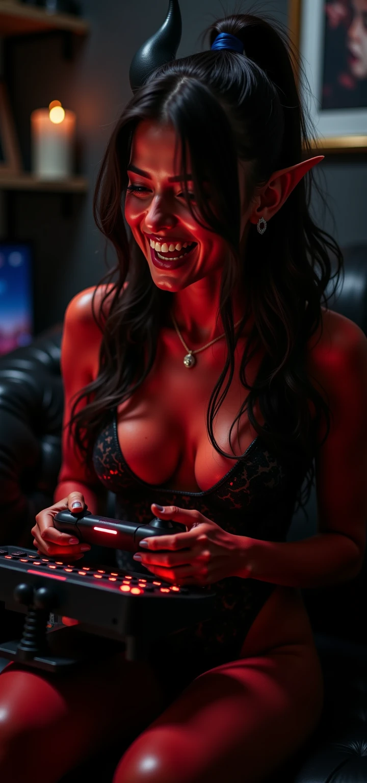 Scénario Créatif - Gaming Chic et Sensuel : "Une femme passionnée de jeux vidéo, 30 ans, est photographiée en plan général dans un salon de jeux rétro au style chic avec une touche sexy. Arborant des vêtements élégants à la fois suggestifs, elle tient une manette de jeu classique. Les jeux de lumière rétro et les de décor nostalgiques ajoutent une ambiance à la fois des éléments sophistiqués et séduisants."