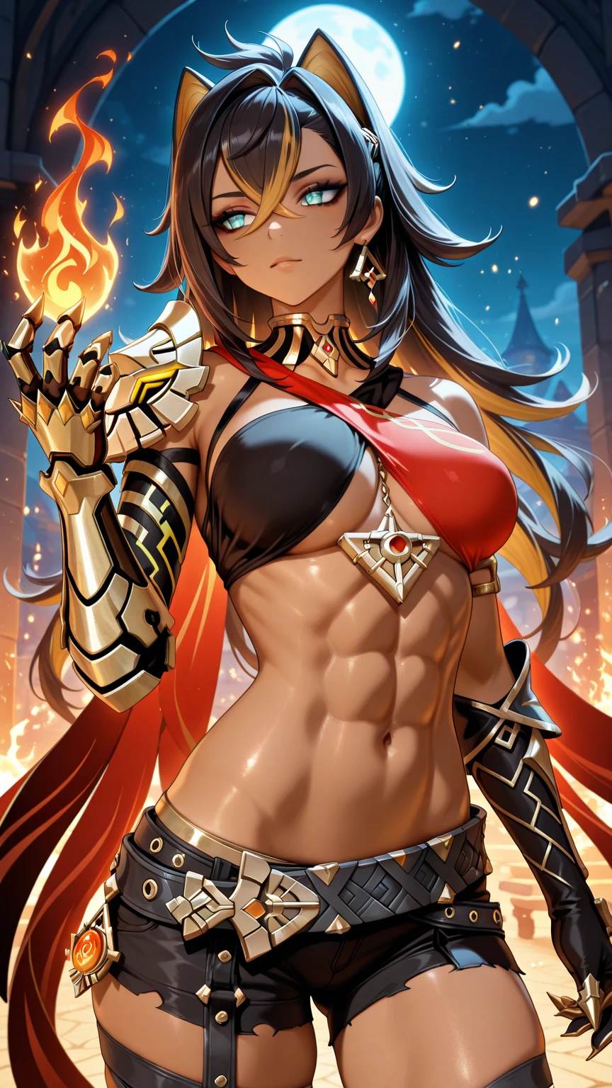 High quality 8k full body image 2.0 neutral lighting. Sensual warrior around 30 years old, big ass, dark skinned, Full lips, abundant afro-type hair, Very toned arms and legs, small waist wide hips perfect buttocks perfect big bust marked abs wearing a tight black and gold berserker armor  with very intricate details, holds a flaming sword in defensive mode, His gaze reflects the experience of many battles, 