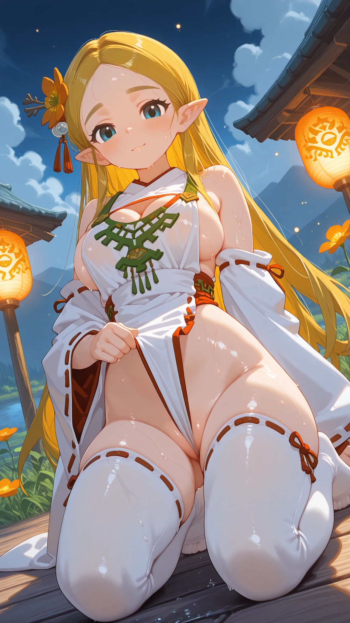 masterpiece, Highest quality, Miko costume ,yellow fox girl,Yellow Eyes,{White skin} ,(tiny chest:1.3) ,Glowing Skin,Embarrassing,Open your mouth,nsfw,blonde,Long Hair,,Outdoor,Covered, Are standing, Japanese Shrines,, Tiny Micro Bikini