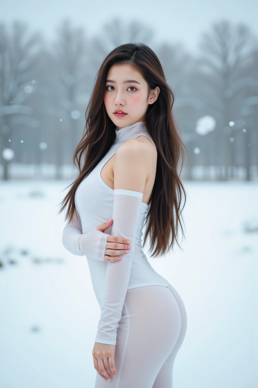 ((((8k))),((Extremely meticulous CG)) ,(wallpaper),16k,((Extremely refined and beautiful))，(((Masterpiece))),(((best qualtiy))),(((Ultra High Resolution))),beautiful light up,Perfect lightning,realistic shaded,[A high resolution],(Smooth and flawless fair skin:1.5),(pale skin:1.3),(shiny skin:1.5),Extremely exquisite facial details,(perfect body:1.1),ultra-detailed,a girl,solo,small head,(black hair:1.1),(short pony tail:1.3),(hair flying:1.1),small face,Exquisite makeup,((blush,female orgasmic,ahegao)),(sweat:1.4),slim,thin,happy,(Smile:1.2),(small breasts:1.1),flat chest,(red full-body latex suit:1.3),(slender legs,(round hips,sharply hips),(sneakers:1.2),(night scene:1.5),outdoor,(In a residential area,in the garden,on the path),high-rise building,(snow scape:1.2),winter,(detailed background:1.5),(running:1.3),(full body:1.3),(from front:1.3),(dim light:1.2)