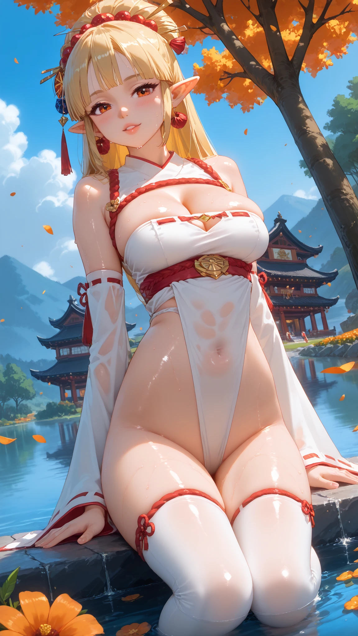 (nsfw:1.5),Goblin Slayer show priestess sleeping in the forest wearing a bikini cloth、(sexual fluid overflowing:1.5)、(Reaching for the crotch:1.5)