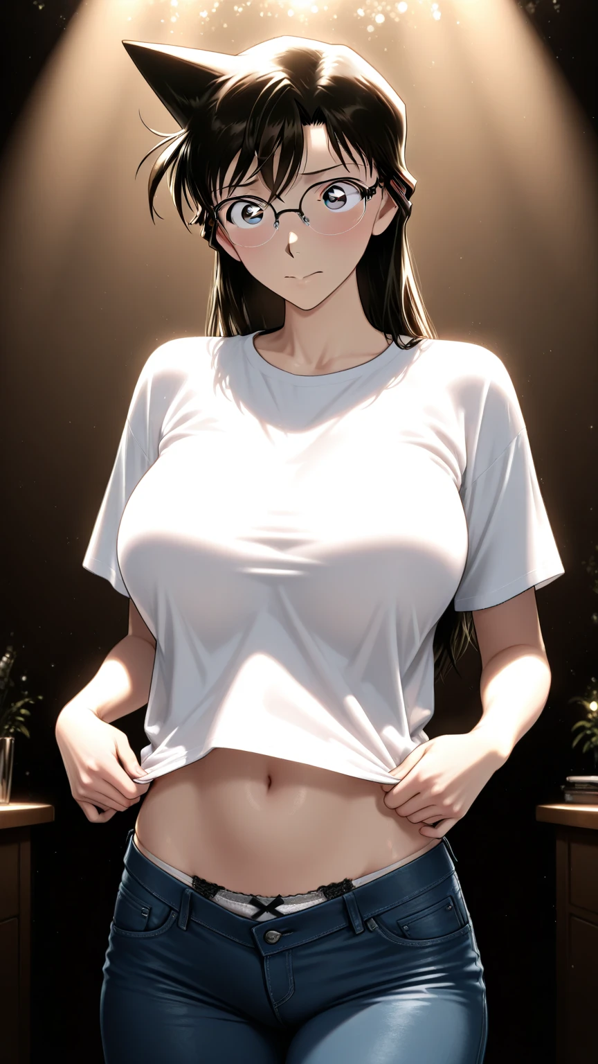 (((One girl:1.5, alone))), Very pretty woman photo,Yor Briar、 (Sexy Model), Professional attire, (22 years old: 1.1), Portrait of a cheerful smiling girl, Full body images, When viewed from the front, The composition is symmetrical, (Looking straight at you, Are standing, Leaning forward:1.2, Sexy Model pose), break, (shiny fine hair: 1.2), (Bob Ponytail:1.3), dark red eyes, Beautiful Eyes, Princess Eyes, ((Black Hair:1.3)), A single hair, bangs, Hair between the eyes, Long Hair, curve, Abdominal muscles, perfect Abdominal muscles, (Huge breasts;1.37, Large Breasts:1.37, Large Breastsの谷間:1.37), (Narrow waist: 1.15), (Detailed beautiful girl: 1.4), Part your lips, Red lips, (Shiny skin), ((Perfect female body)), (Upper body image:1.3), Encircling the head, Perfect Anatomy, Perfect proportions, 8.5 Life-size, Face Focus, break, (Bare shoulders, Chest tightness, Show Viewer, (White T-shirt and red high leg bloomers:1.4), break, (Japanese izakaya detailed background:1.2), (Studio Lighting: 1.3), (Cinematic lighting: 1.3), (Backlight: 1.3), Dim lighting, Full body lighting, break, (Realistic, Realistic: 1.37), (masterpiece, Highest quality: 1.2), (Ultra-high resolution: 1.2), (RAW Photos: 1.2), (Sharp focus: 1.3), (Face Focus: 1.2), (Ultra High Definition CG Integrated 8K Wallpaper: 1.2), (Beautiful Skin: 1.2), (Pale skin: 1.3), (Hyper Sharp focus: 1.5), (Ultra Sharp focus: 1.5), ( Beautiful pretty face: 1.3), (Highly detailed background, Detailed Background: 1.3), Ultra Realistic Photo, Ultra-sharp images, Hyper-detail image、hair band、Full body portrait、Full body portrait、Full body portrait、Lie down on the bed