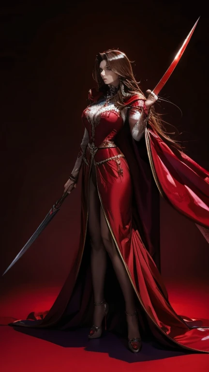 (8k), (Highest quality: 1.2), (Realistic), (Realistic: 1.37), Ultra-high resolution, 1 person, cute, Smiling face, Beautiful details, narrow, (Large Breasts), Crimson Cloak, Crimson Sword, Crimson Heavy Armor, transparent, Sexy muscular female body, whole body、Long, slender legs、Glowing Sword、whole body、Floating in the sky、Crimson Boots、