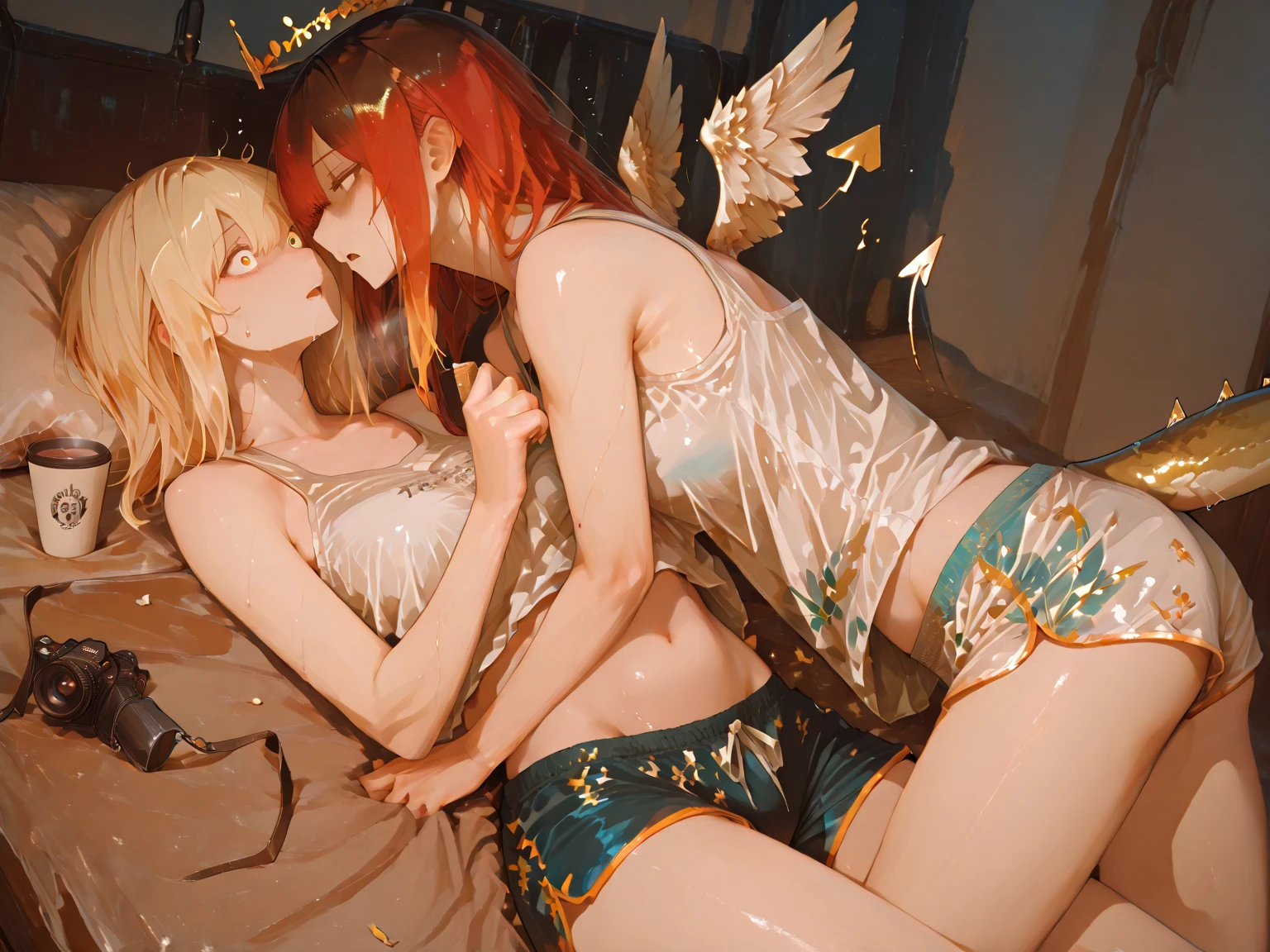(2girl:1.5) (very close up:1.5) (facing each other:1.4) (2 girls on top of each other) (passionate kissing:1.5) (passionate body language:1.3) (adult woman:1.2) (topless:1.1) (elaborate beautiful red gold:1.2) (ruby red chains on wrists) (ruby red halo) red rose choker, night, dark cozy bedroom, mood lighting, on bed, Absurd, Perfect Anatomy, performance, Good lighting, Shadows in the movies, (extremely large breasts:1.3), large butt:1.3, thin waist, Long HAIR, (blonde hair), (loving and pleasurable look:1.6), original HAIR style, Dynamic Angle, (detailed face:1.3) (dynamic lighting:1.5), (ruby red eyes) (ruby red leaf bracers on arms) (ruby red leaf hair piece) (elaborate ruby necklace) (red roses on bed:1.3) (red roses in hair) (stunning beautiful red eyes) (blush) (breathing heavy:1.4)