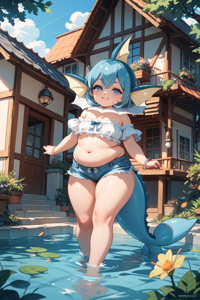 blue hair,red eyes,twintail,yellow hair ribbon,open mouth,huge breasts,,blush,,,solo,full body,from front,navel,stomach,narrow waist ,,,wings,,tall,Feathered wings,professional light,long tail,huge tail,tail ribbon,smile ,bikini,beach,beach,ocean,blue sky,all fours