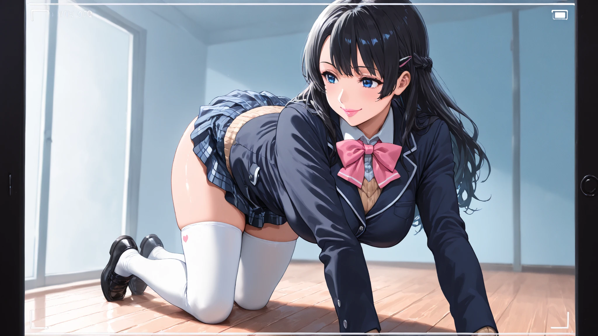 1girl in, lightsmile, Shiny skin, Best Quality, masutepiece, (Game CG:1.4), The FW, Detailed beautiful face and eyes,爆乳、Lingerie with a small area, Sailor Mercury, I could feel the battle, Serious, Cowboy Shot、large full breasts、Solo, (Curve:1.1), looking down to viewer, Smile on his face, ((From below:1.5)) Looks Back, ((Leaning forward)), seen from back, lip stick, makeup, Ultra Detail Hair, ultra detail face, (Purple eyes:1.05), Perfect eyes, Perfect face, earrings, (Confused, blush:1.2), , (black thighhighs, Garter Belt:1.1), zettai ryouiki, , high-heels, (Large breasts:1.1), cleavage, Big ass, thighs thighs thighs thighs, Show panties, ((From the hem of the rolled up skirt to the crotch))