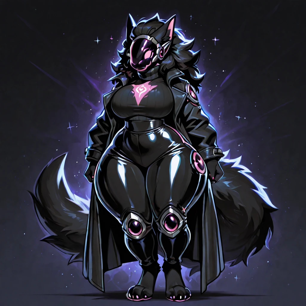 (full shot, front viev), tall, voluptuous, athletic female, wolf, black fur, totally dark fur, white tribal markings body, red inner ear, red leotard jacket, bubble ass, feet, 5 toes, sharp toenails, toe claws, toes, black, plantigrade, sexy eyes, wide hips, curvy figure, curvaceous, wedgie, bearing hips, smooth fur, long fur face, sexy legs, thick thighs, bearing hips, wolf tail, red inner ear, long wolf's mane, red eyes, black clera, black leaves, standing, hand on hips, feet together, Mocking Look, seducing viewer, in a space ship