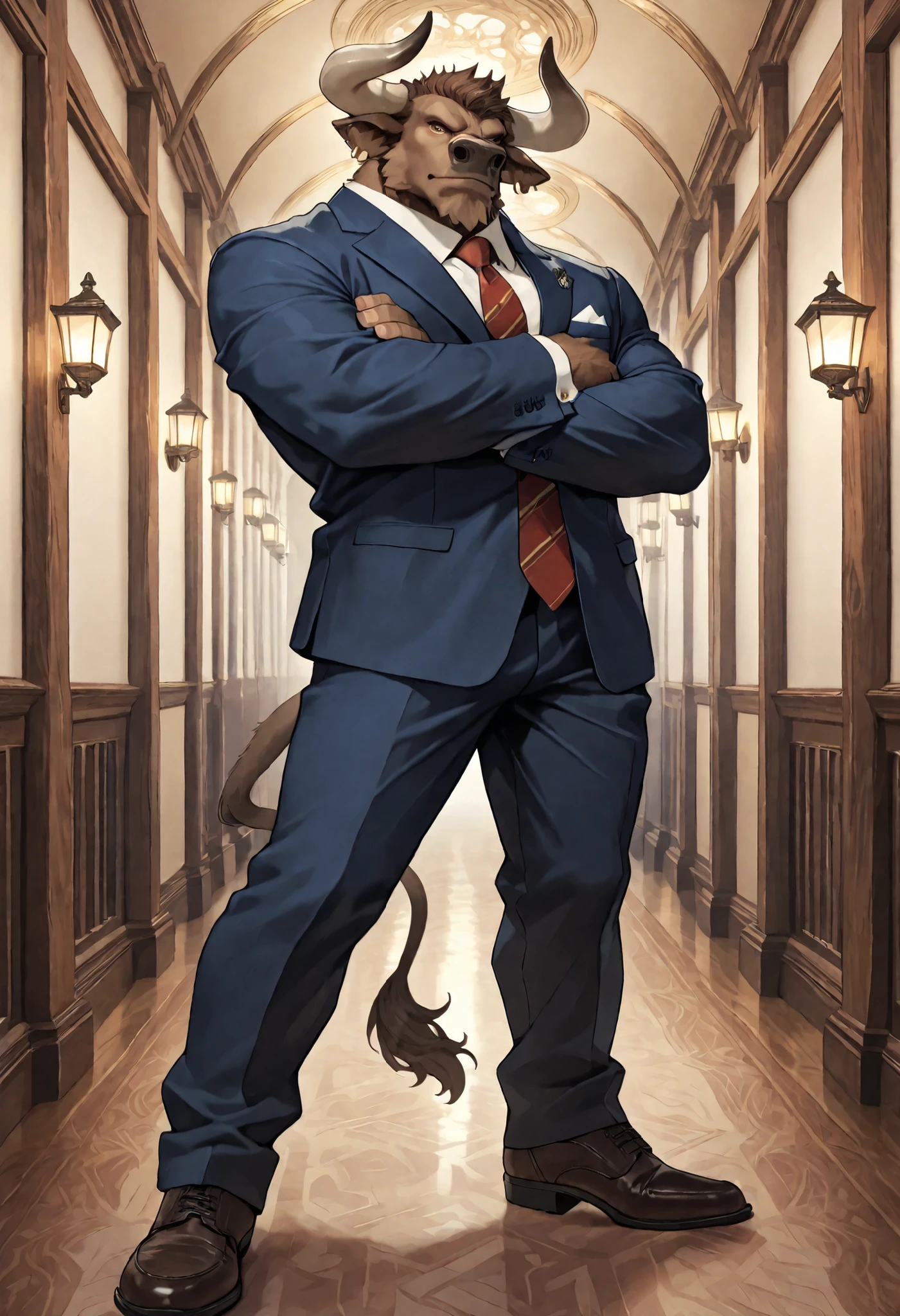 Athlete body, commission for high res, anthropomorphic, there is a brown minotaur, minotaur horns, suit and tie, calm and cool, mysterious, standing in a hallway, looking at viewer, full body, crossed arm stance, smart and cool, close up.