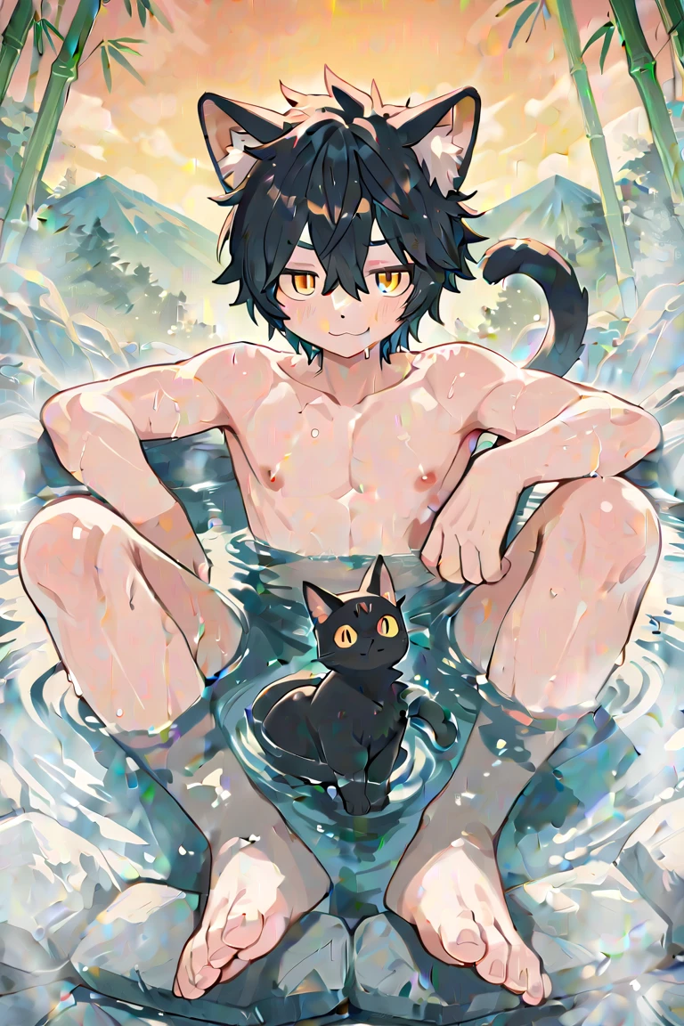 (masterpiece, 4K, ultra detailed), tiger furry, masculine, single, red fur, white belly fur, front view, lying, hot springs, naked, frown, cumshot, huge load of cum, balls, lean, athletic, brown penis, pink glans penis, teen, black short hair, anime, cartoony, blue eyes