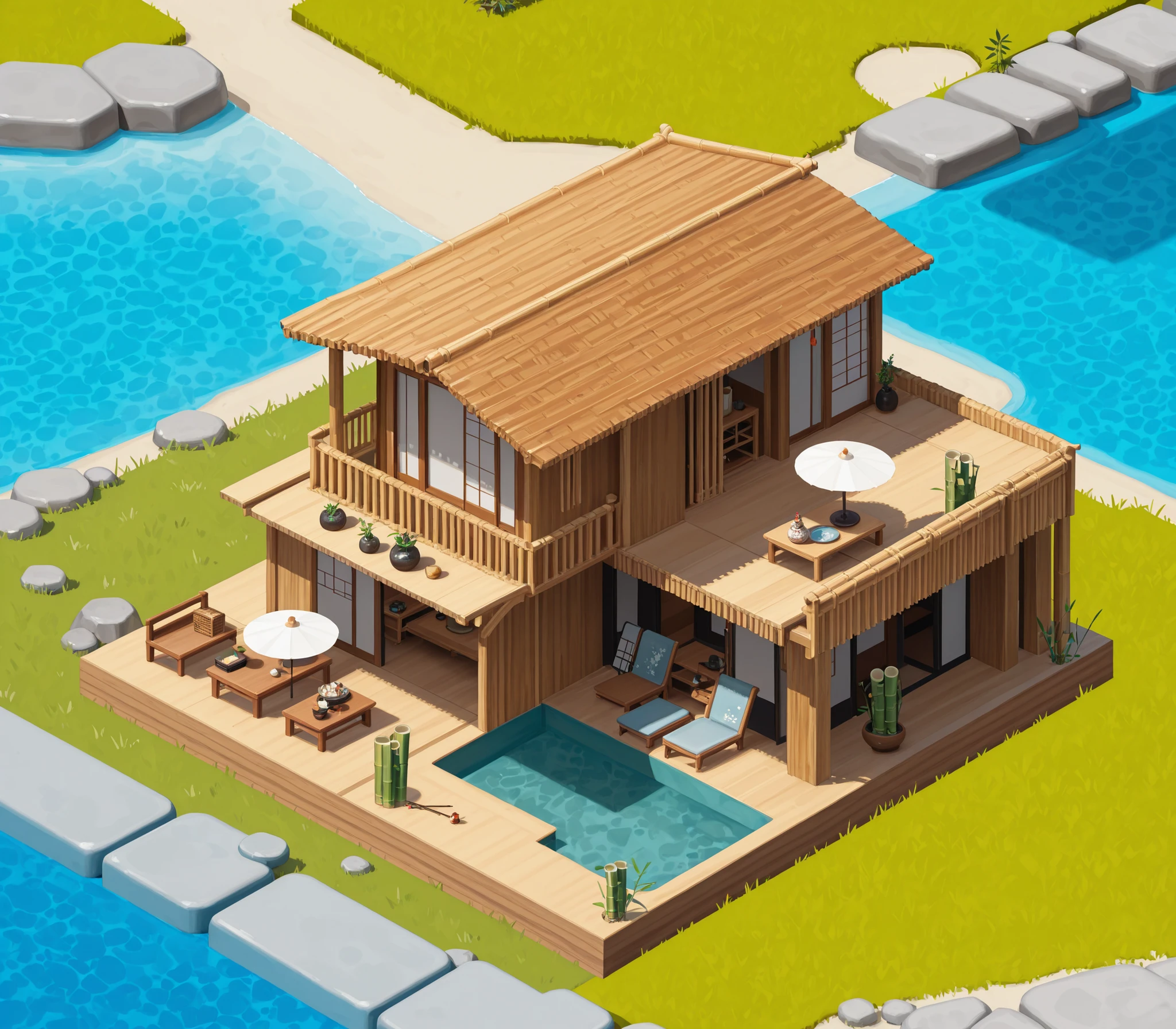 ((no people)), ((isometric)), ((realism)), modern bamboo villa, isometric realism,
