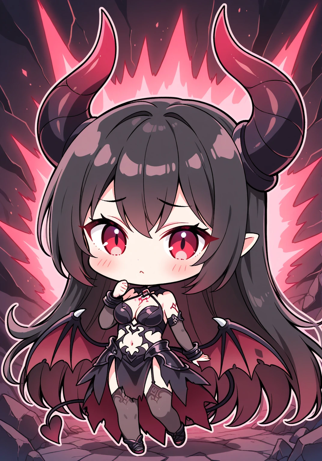 masterpiece, best quality, 1girl, vykas, black hair, long hair, red eyes, horns, large breasts, wings, solo, standing, contrapposto, solo, simple background, chibi <lora:maplestory_LoCon:0.8> <lora:Vykas:1>