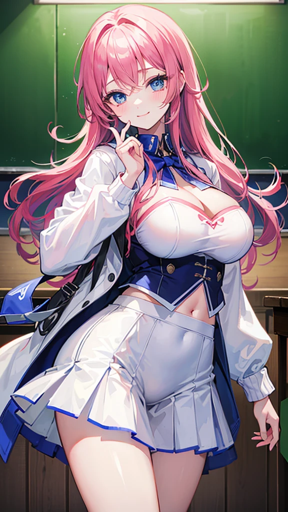 High detailed, 1 girl, solo, Violet long hair, blue eyes, busty, firm chunky body white shirt, , deep cleavage, Juliet sleeves, pencil skirt, black thighhighs, white gloves, tall, smiling