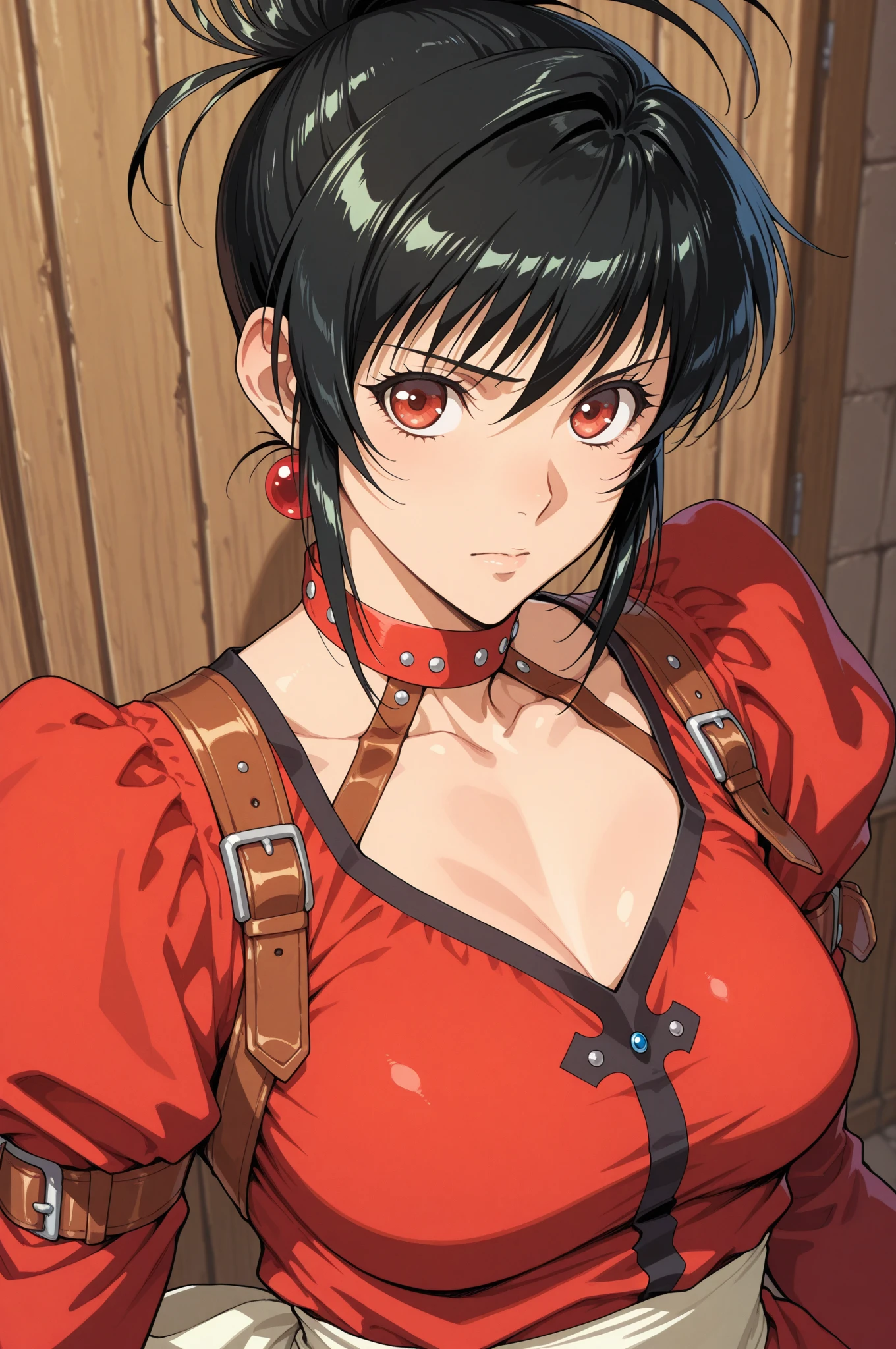 1 female, One piece art style, short girl, realistic lips, black choker, hourglass figure, polo with exposed with cleavage, frilly dress bowl cut, black hair, hourglass figure, white eyes, red glasses, in an apartment, sigh, best quality.