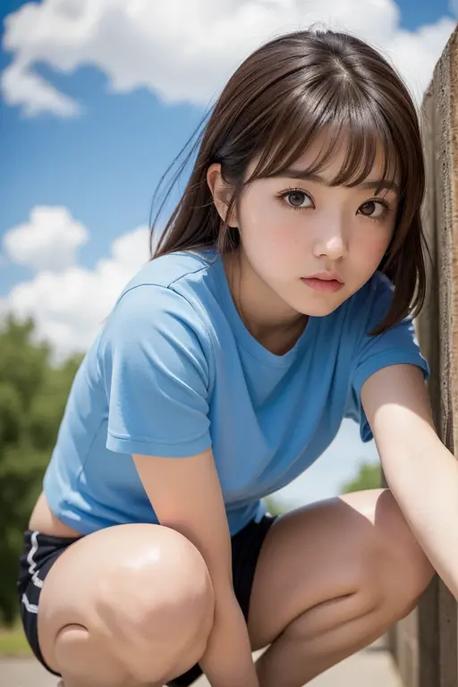 (masterpiece), (highest quality), (High resolution),Realistic skin texture, Realistic, Japanese, Cute woman, Age 25, Big Eyes, Brown eyes, Brown Hair, bangs, Medium Hair, Baby Face, Small face, blush, Skinny, Tight T-shirt, Micro Low Rise Shorts, Crouching pose, Blue sky and cumulonimbus clouds, Perfect hands
