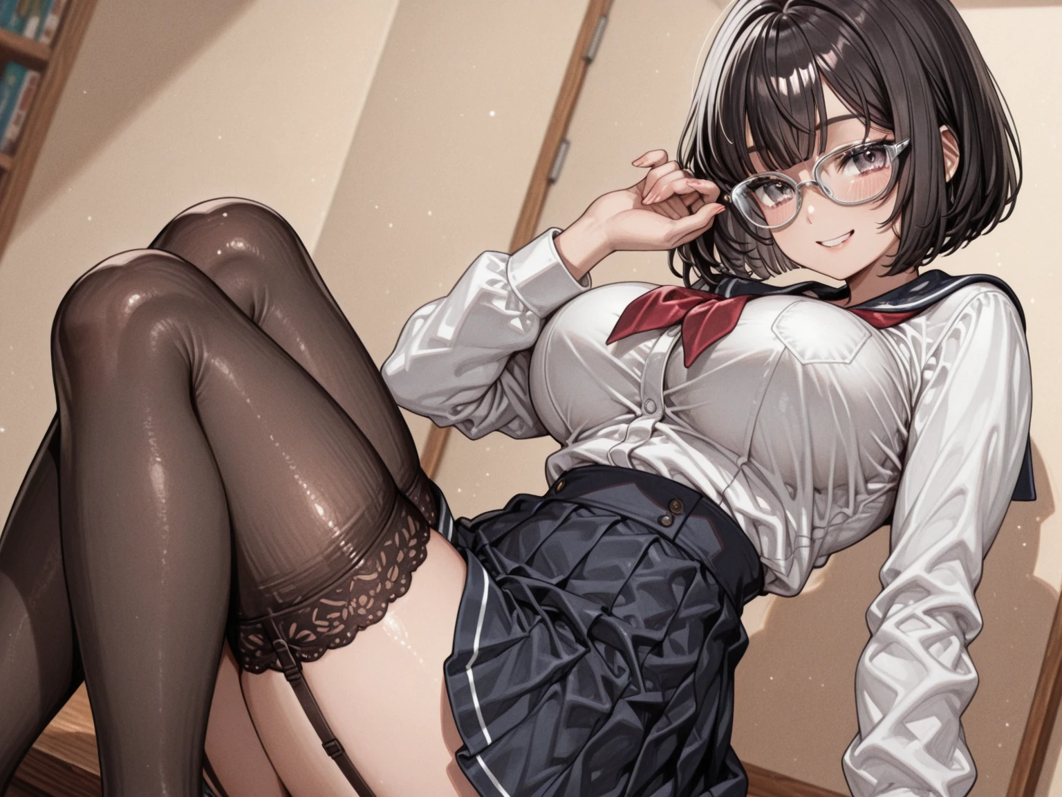 Sick，JK school uniform，black pantyhoses，Take off your skirt，Lie down on the table，White shirt，Black heels，Drunken，Disheveled clothes，Clothes half-dragged，The reveal panties，face flushed，exposing her chest，sexy for，exhale，Loving pupils，drools，Dizzy，Play with the chest，round frame glasses，Expose the genitals