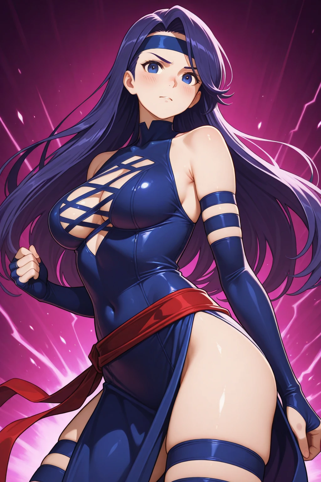 ultra-detailed, Explicit, Beautiful body, Beautiful Nose, Beautiful character design, perfect eyes, perfect face, ultra highres, 4K, beautiful legs, perfect legs, Nice hands, Perfect hand, Masterpiece, Best Quality, Highly detailed, illustration, absurdres, perfect anatomy, street fighter, doll suit, shadaloo doll, dollsuit, expressionless, blank eyes, looking at viewer, red gloves, emotionless, black latex, corrution, mind control, female combatant, full body, hypnotized, unhappy trance, full body suit, ribbed bodysuit, both arms at side, obey, perfect female body, extremely glossy latex, hypnosis, hypnoLora, empty eyes, Mind control device, poses, submissive_pose, Slave, kneeling down straight, kneeling down, kneeling down at attention, hat, necktie, belt, latex, ribbed bodysuit, thighhighs, garter belt, Fighting Stance, extending the right arm from the shoulder into the air with a straightened hand, military, thigh boots, 1girl, hair ornaments, blue hair, long hair, purple eyes, (((pixel-perfect, detail-perfect))), solo, 1girl, Eua, Featherine Augustus Aurora, higurashi when they cry, umineko when they cry, big breasts