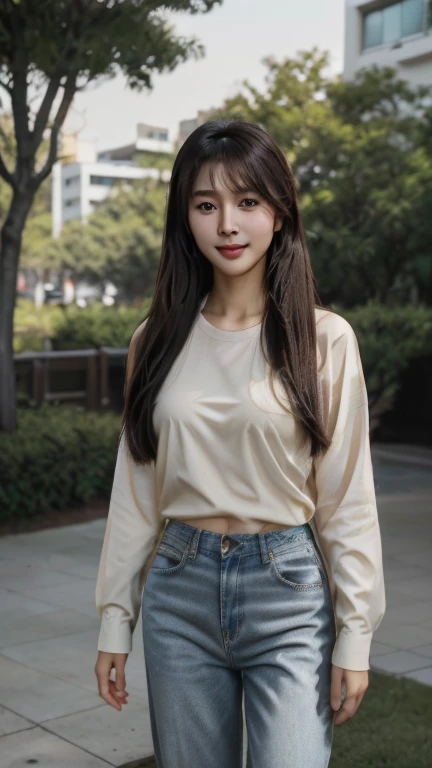 (masterpiece), realistic, (27yr old female), beautiful face, wearing a Simple beige shirt and denim skirt, studio lighting, cinematic light, beautiful woman, beautiful black eyes, milk beige middle hair, perfect anatomy, very cute smile, princess eyes , (black eyes), (head frame), center image, style, bioluminescent, 8 life size, 8k Resolution, human hands, curiously complete, elegant, close to perfection, dynamic, highly detailed, character sheet, concept art, smooth, positioned so that their bodies are symmetrical and balanced directly towards the viewer, amazing Incredibly beautiful 20-something japanese girl, detailed hairstyles,