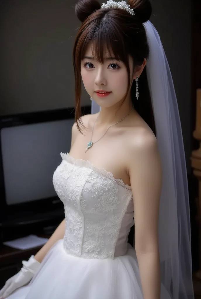 Beautiful girl, rabbit, wedding dress, white stockings, waves, big breasts, smile