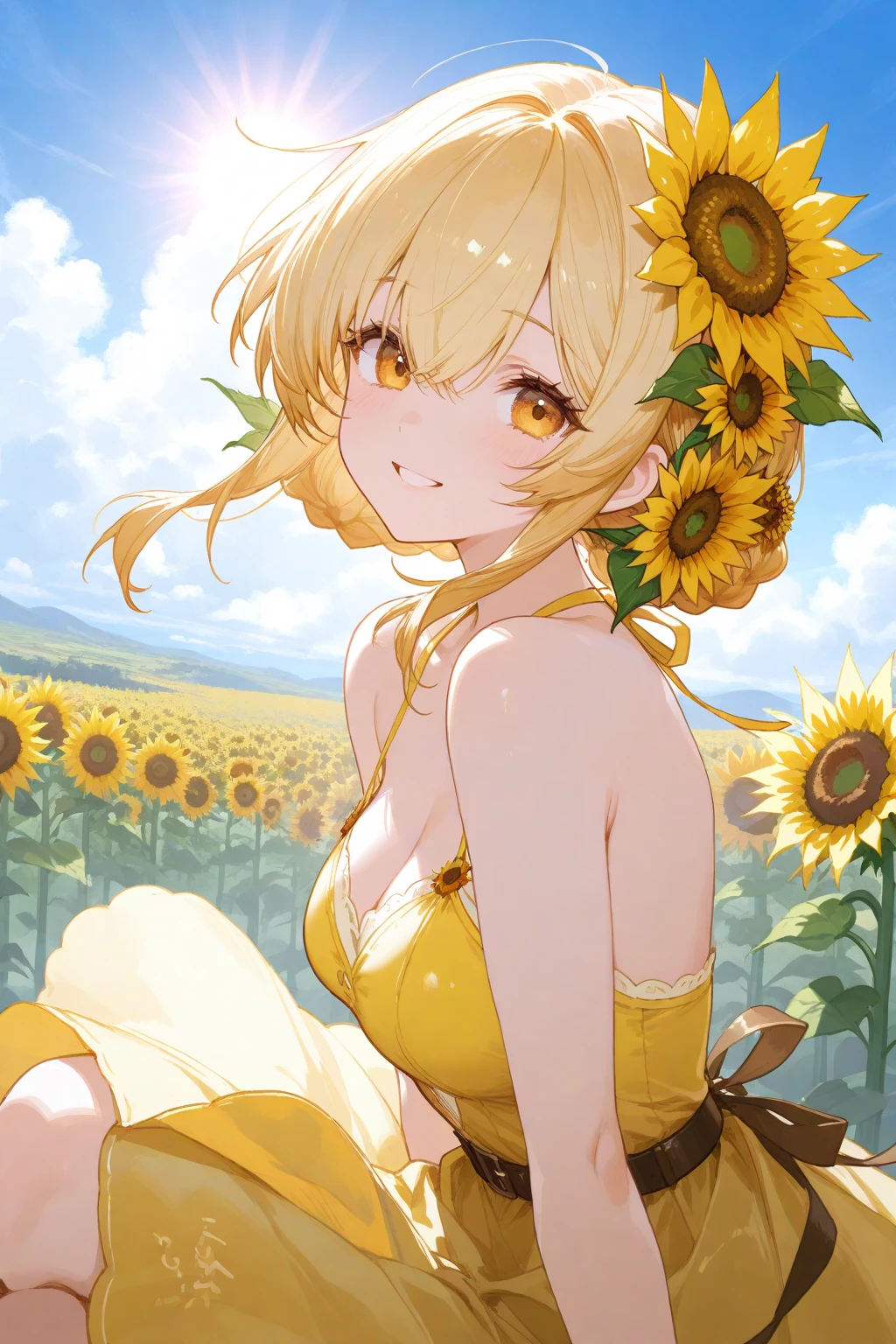 finest image, detailed, delicate, flashy and dynamic depiction, sunflower field, beautiful girl in a swimsuit shaped like a sunflower among tall sunflowers, smiling like the sun, professional sun lighting