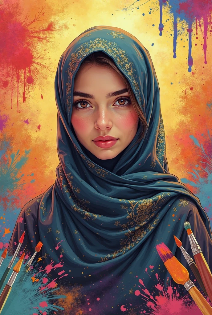 A girl with hijab some paint brush and colour in her hand also her face is cover illustration