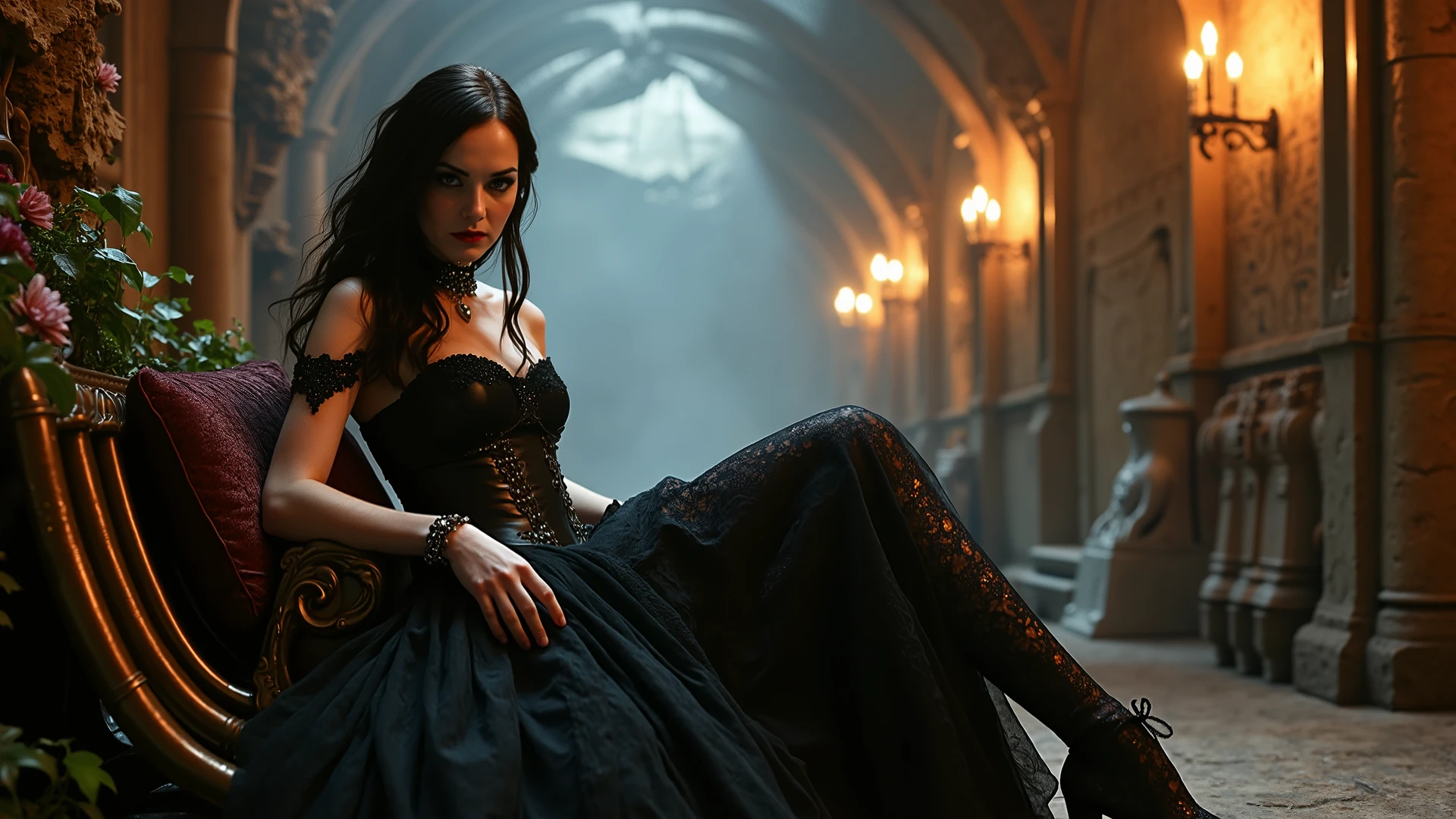 A captivating and enigmatic sorceress with flowing black hair sits gracefully within a dimly lit fantasy corridor, where shadows dance among ethereal elements. Her stunning black gown, adorned with intricate, otherworldly patterns, features a high collar and a corset-like bodice that accentuates her figure, blending elegance with an underlying sense of danger. A delicate black choker encircles her neck, while shimmering earrings catch the soft, magical light, enhancing her allure. Thigh-high decorative ornaments complement her elegant high heels, showcasing her rebellious spirit as she lounges with one leg crossed over the other on an ornate, spellbound bench.
Surrounding her, the corridor brims with fantastical machinery, glowing crystals, and swirling mist, all illuminated by a warm amber light that casts enchanting shadows, creating an atmosphere thick with mystery and intrigue. Her piercing gaze radiates confidence and a hint of malevolence, embodying the essence of a powerful, yet realistic character in a cinematic fantasy world. With every subtle movement, she exudes an aura that blends charm with a dark undercurrent, revealing the complexity of her character—a woman who is both alluring and formidable, capable of wielding great power while remaining grounded in her humanity.