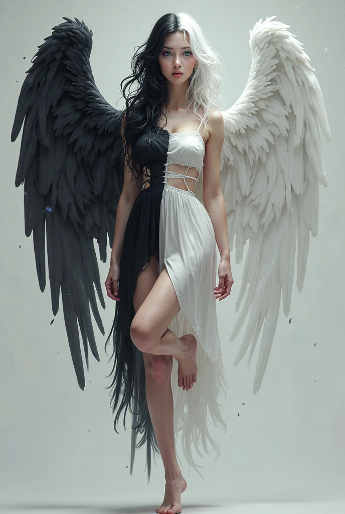 Kendall Jenner, albedo_overlord, hair between eyes, white dress, bare shoulders, dress, low wings, ahoge, black feathers, standing, mature woman body